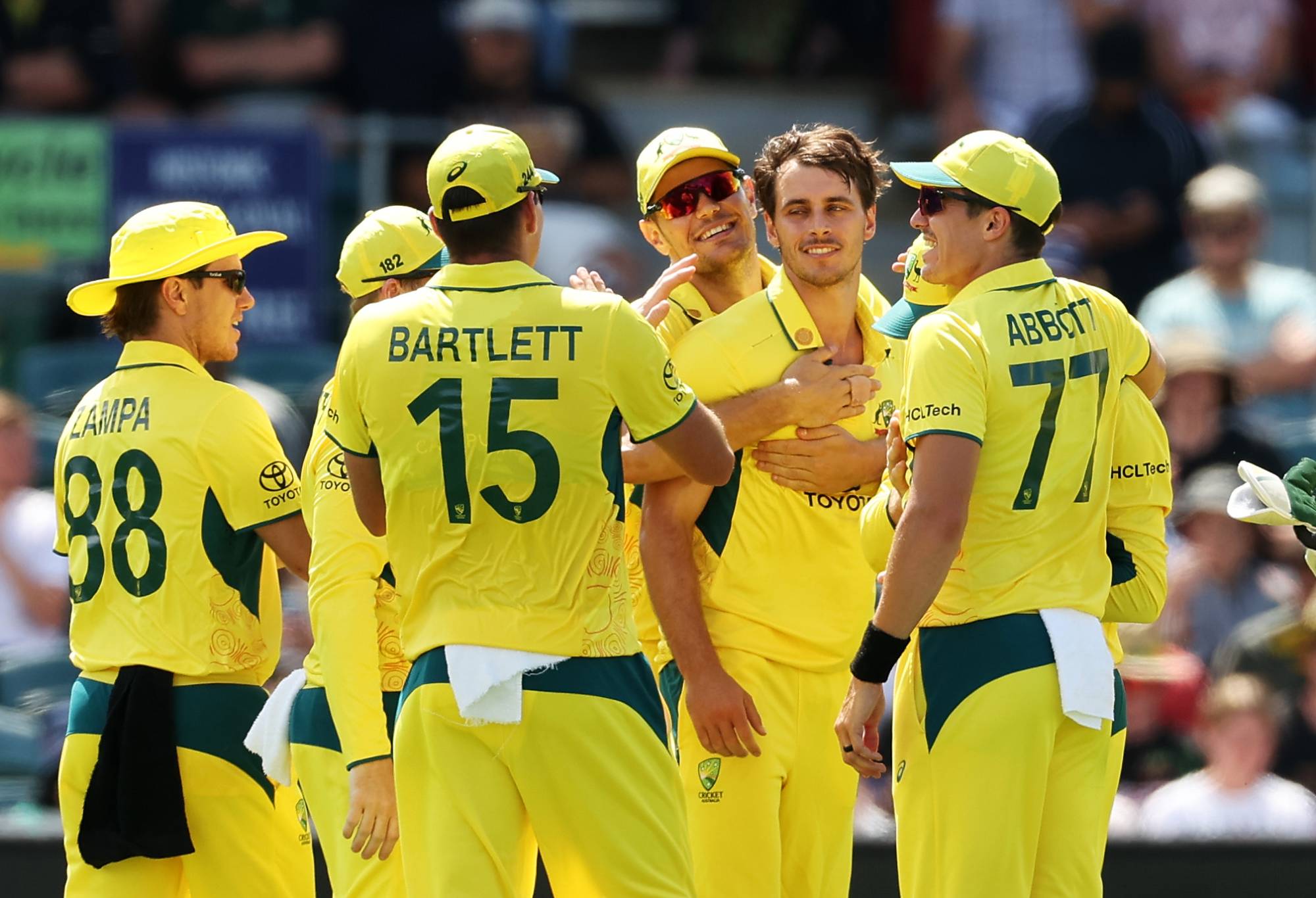 CANBERRA, AUSTRALIA - FEBRUARY 06: Lance Morris of Australia celebrates with team mates after taking the wicket of Keacy Carty of the West Indies during game three of the Men's One Day International match between Australia and West Indies at Manuka Oval on February 06, 2024 in Canberra, Australia. (Photo by Matt King/Getty Images)