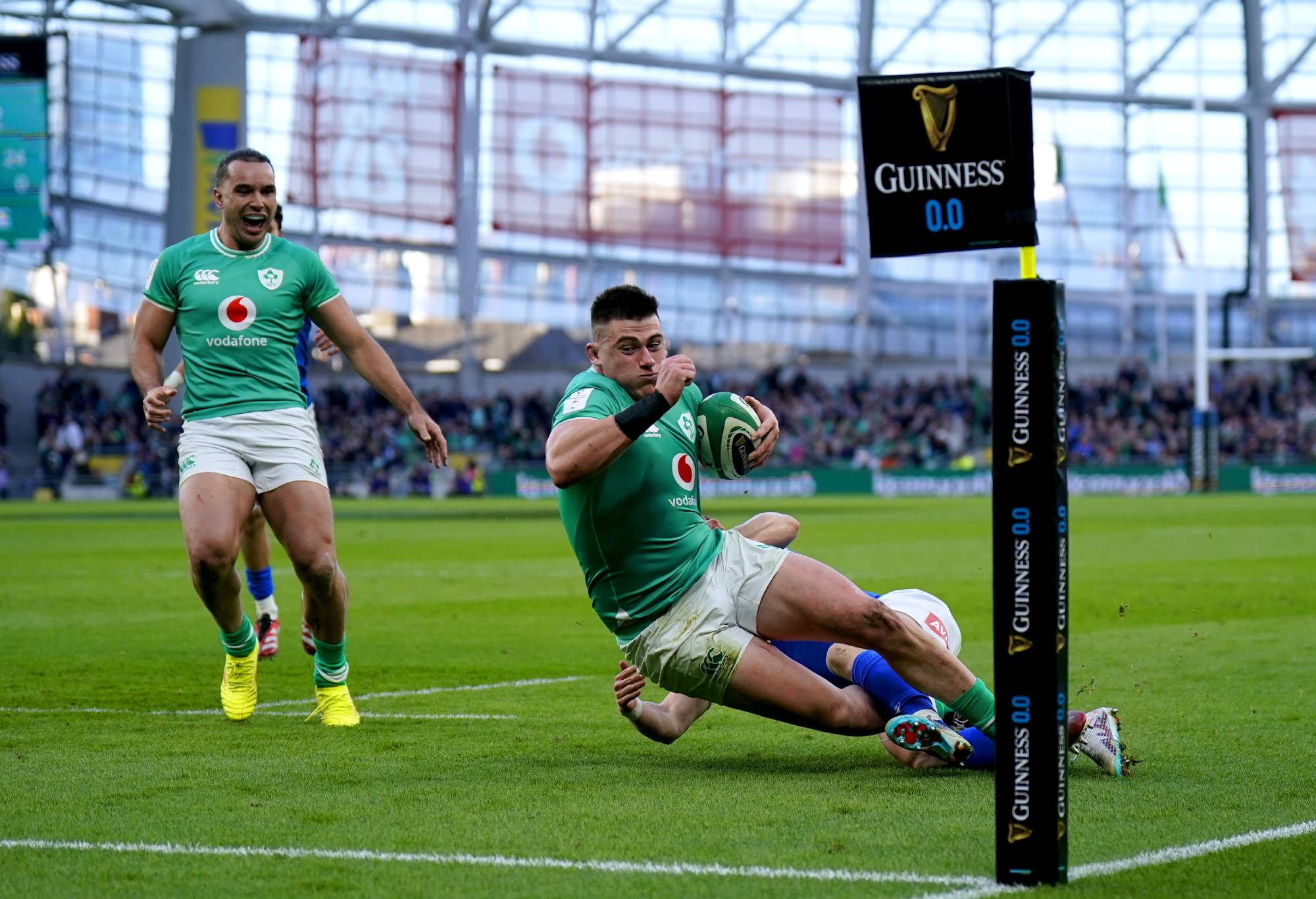 Italy's Stephen Varney (blocked) stops Ireland's Dan Sheehan from scoring a try during the Guinness Six Nations match at the Aviva Stadium in Dublin, Ireland. Picture date: Sunday February 11, 2024. (Photo by Niall Carson/PA Images via Getty Images)