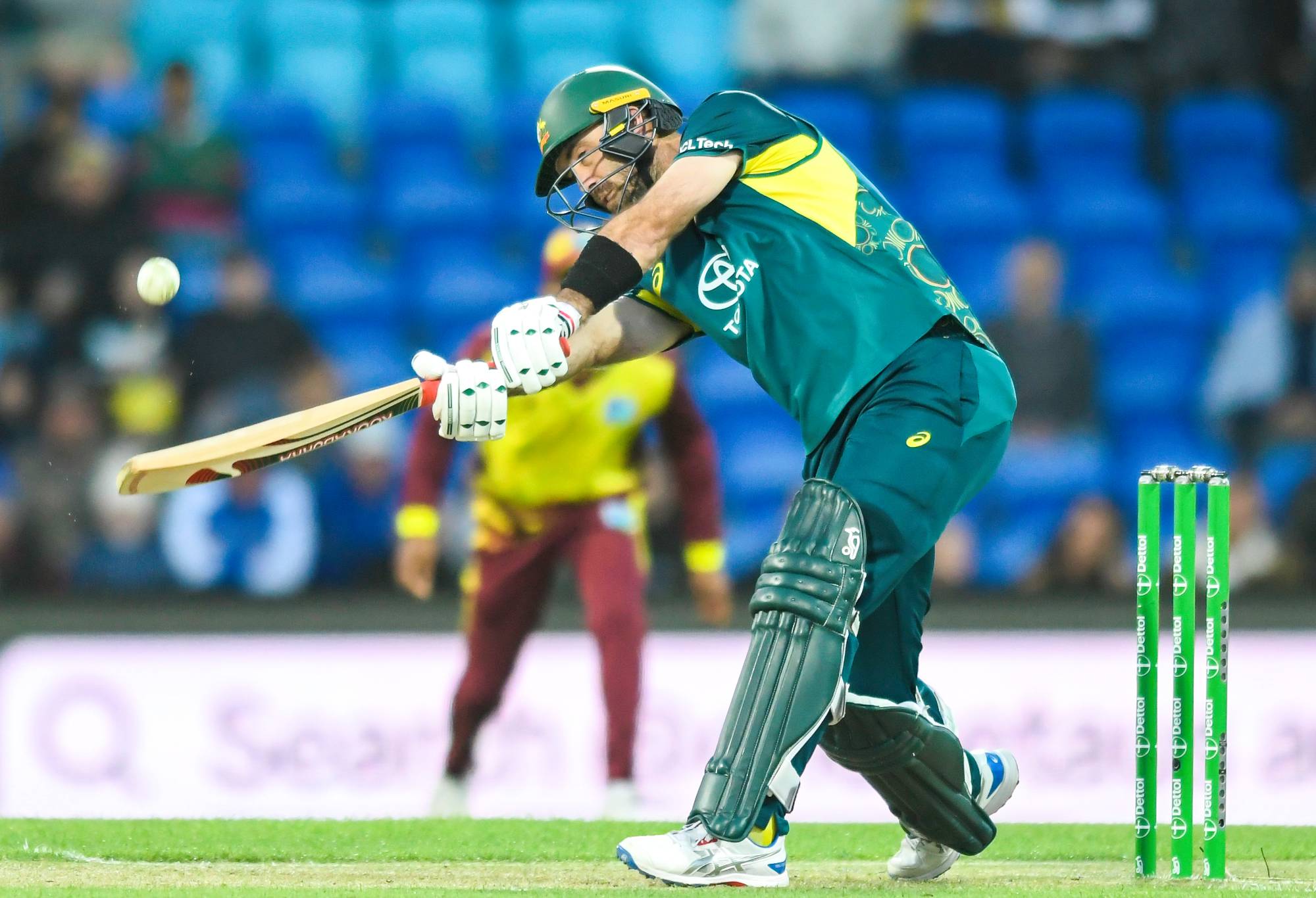 HOBART, AUSTRALIA - FEBRUARY 09: Glenn Maxwell of Australia plays a pull shot during game one of the Men's T20 International series between Australia and West Indies at Blundstone Arena on February 09, 2024 in Hobart, Australia. (Photo by Simon Sturzaker/Getty Images)