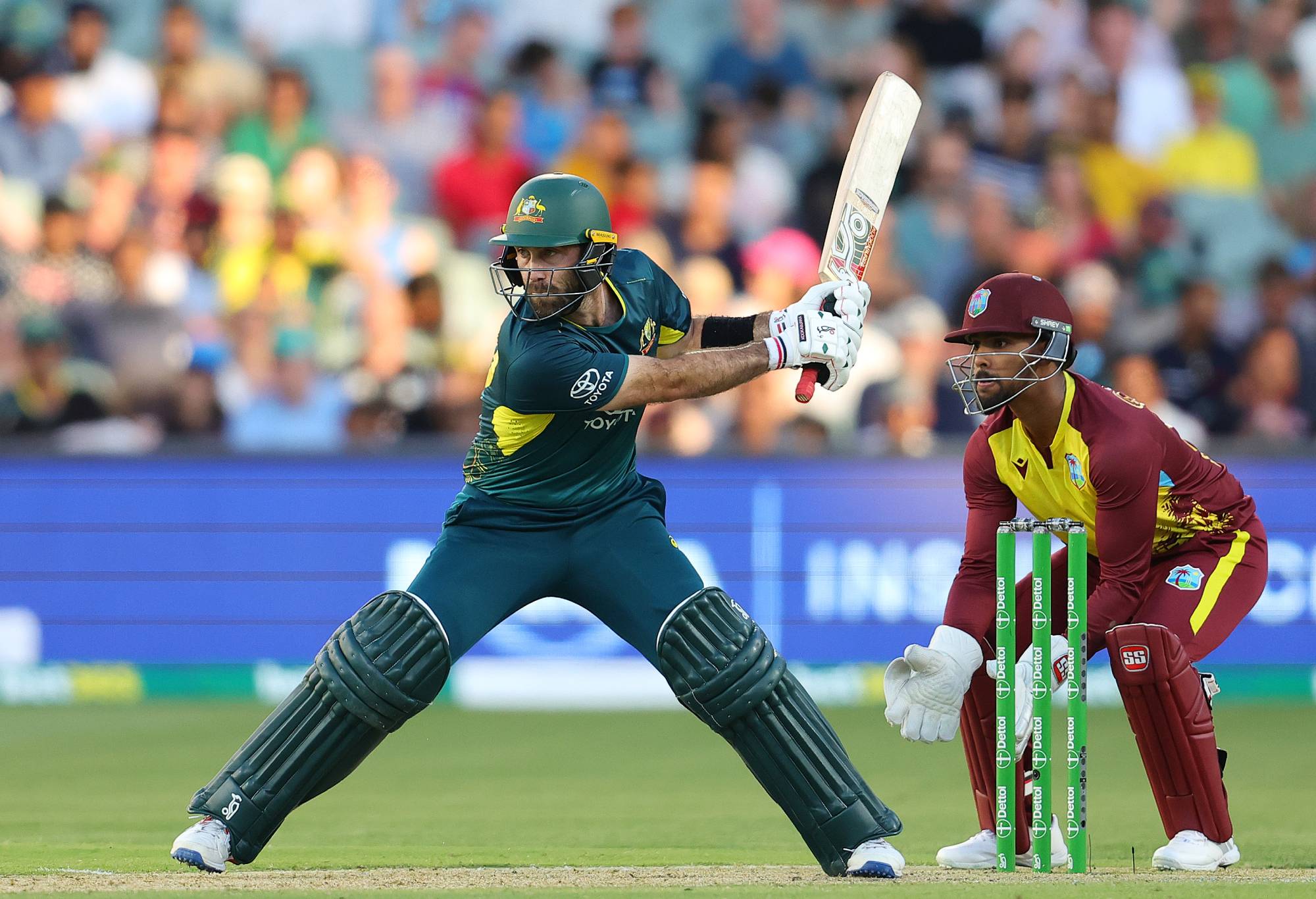 ADELAIDE, AUSTRALIA - FEBRUARY 11: Glenn Maxwell of Australia and w29during game two of the mens T20 International series between Australia and West Indies at Adelaide Oval on February 11, 2024 in Adelaide, Australia. (Photo by Sarah Reed/Getty Images)
