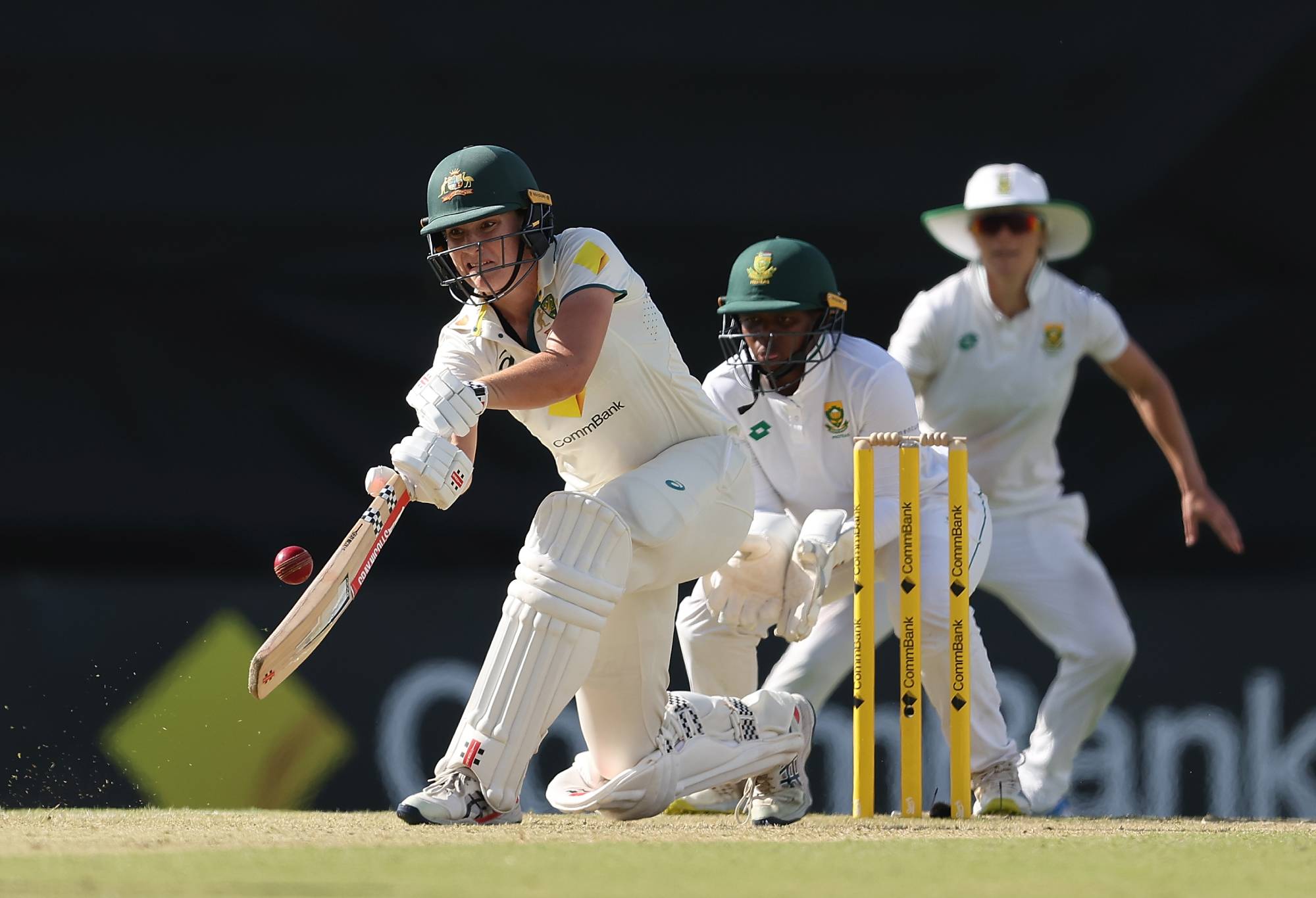 PERTH, AUSTRALIA - FEBRUARY 16: Annabel Sutherland of Australia bats during day two of the Women's Test match between Australia and South Africa at the WACA on February 16, 2024 in Perth, Australia. (Photo by Paul Kane/Getty Images)