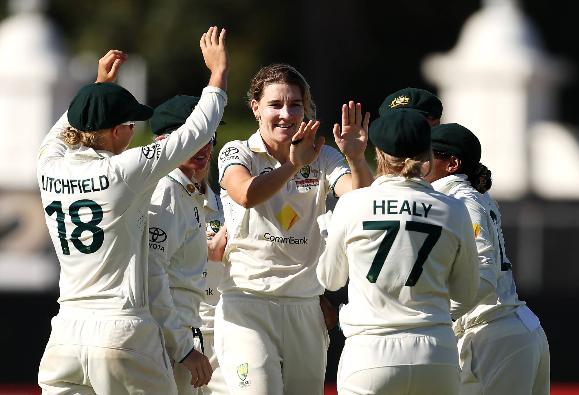 PERTH, AUSTRALIA - FEBRUARY 17: Annabel Sutherland of Australia celebrates with her team after taking the wicket of Chloe Tryon of South Africa during day three of the Women's Test Match between Australia and South Africa at WACA on February 17, 2024 in Perth, Australia. (Photo by Paul Kane/Getty Images)