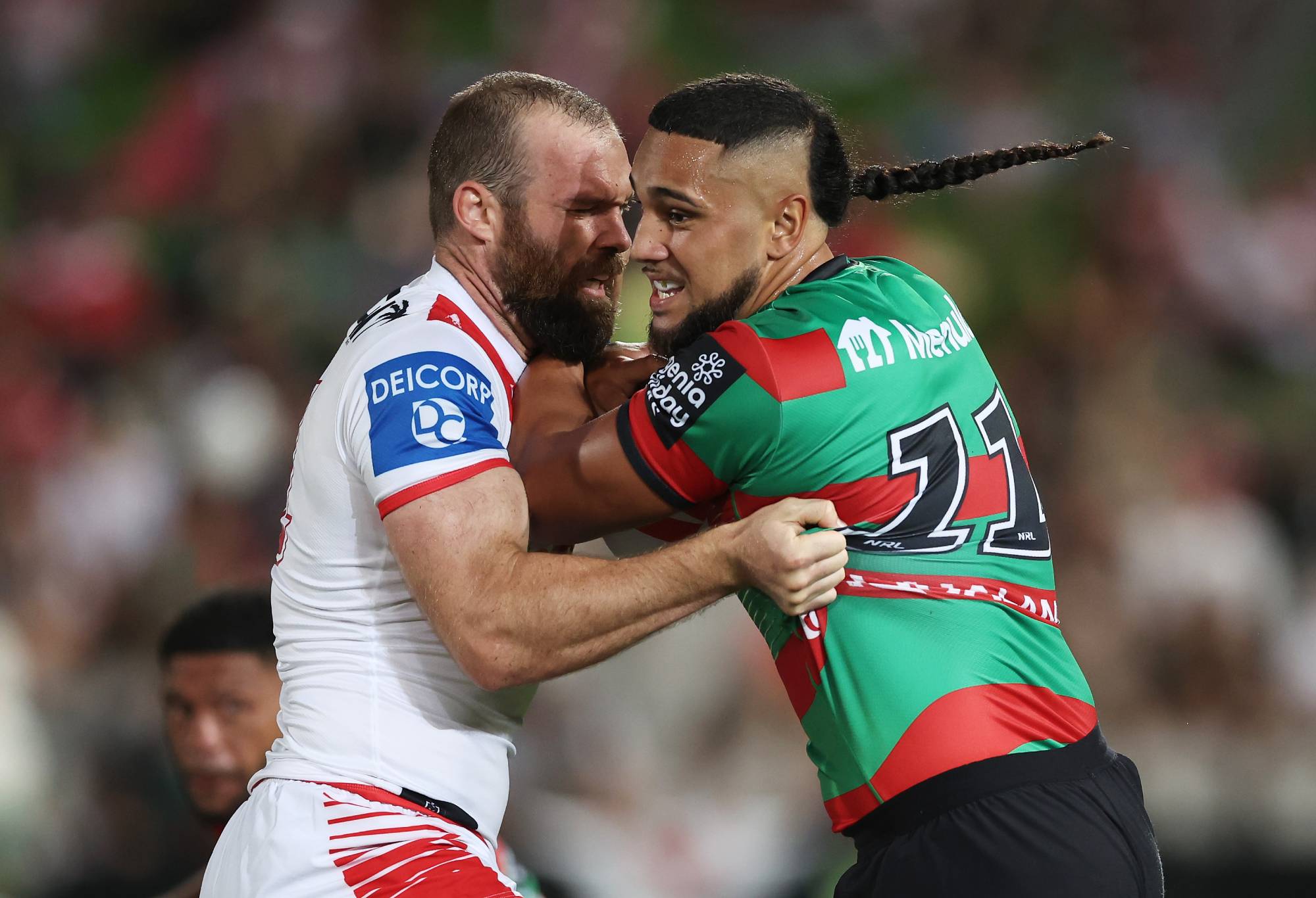 SYDNEY, AUSTRALIA - FEBRUARY 17:  Keaon Koloamatangi of the Rabbitohs is tackled during the NRL Pre-Season Challenge round one match between St George Illawarra Dragons and South Sydney Rabbitohs at Netstrata Jubilee Stadium on February 17, 2024 in Sydney, Australia. (Photo by Matt King/Getty Images)