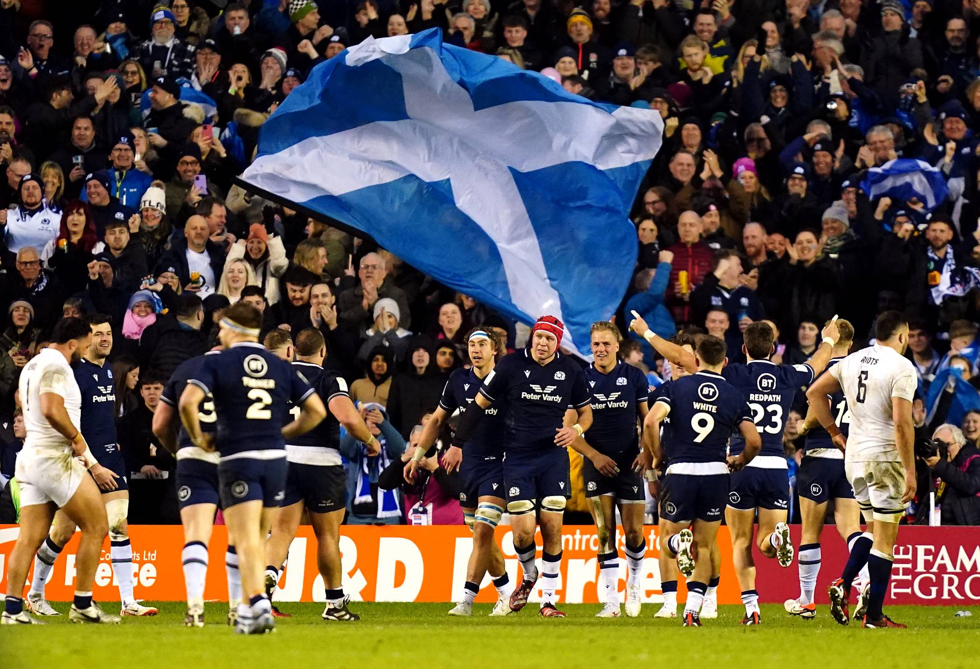 Scotland's Duhan van der Merwe celebrates scoring his third try to complete his hat-trick during the Guinness Six Nations match at the Scottish Gas Murrayfield Stadium, Edinburgh. Picture date: Saturday February 24, 2024. (Photo by Jane Barlow/PA Images via Getty Images)