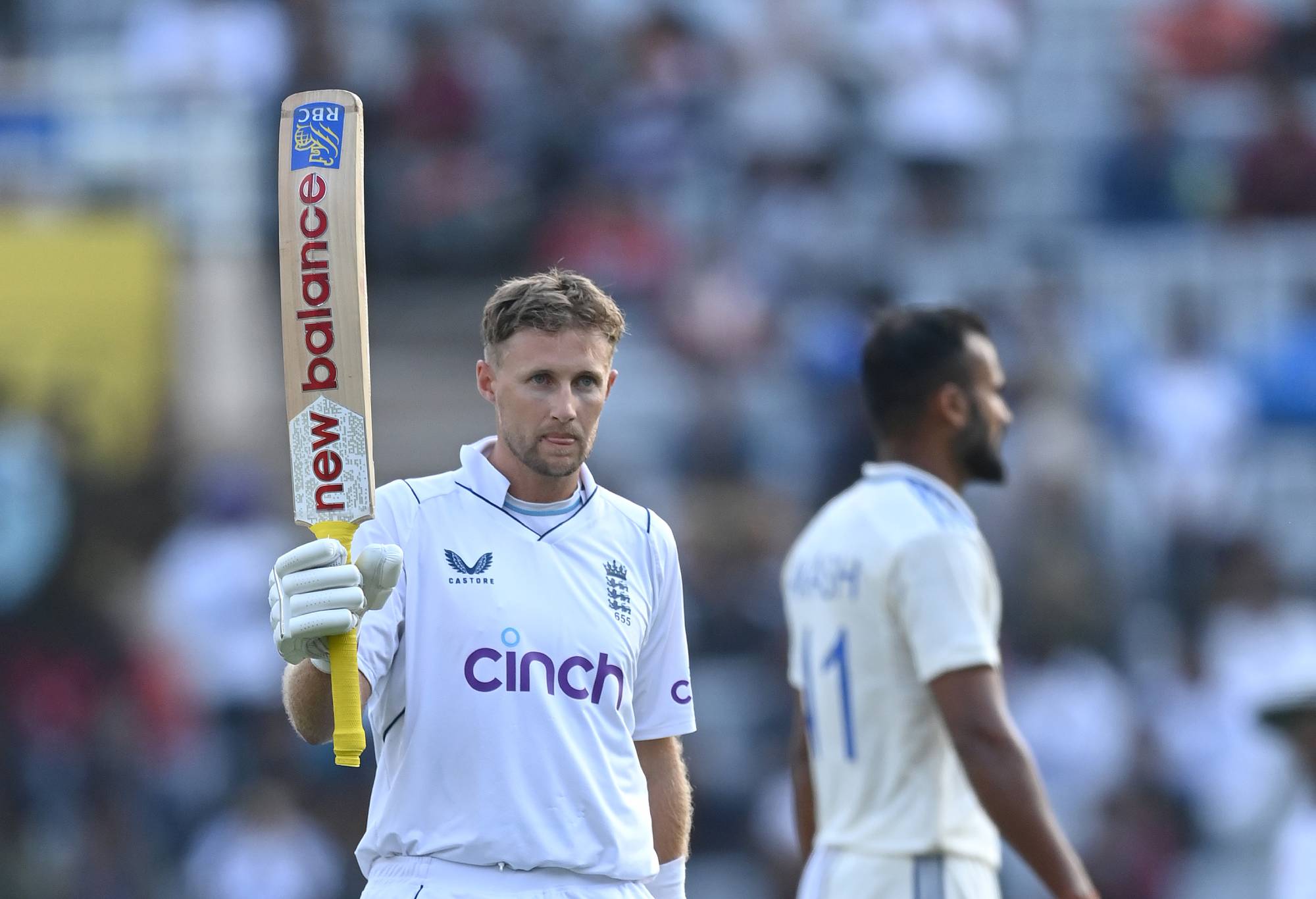 RANCHI, INDIA - FEBRUARY 23: England batsman Joe Root celebrates his century during day one of the 4th Test Match between India and England at JSCA International Stadium Complex on February 23, 2024 in Ranchi, India. (Photo by Gareth Copley/Getty Images)