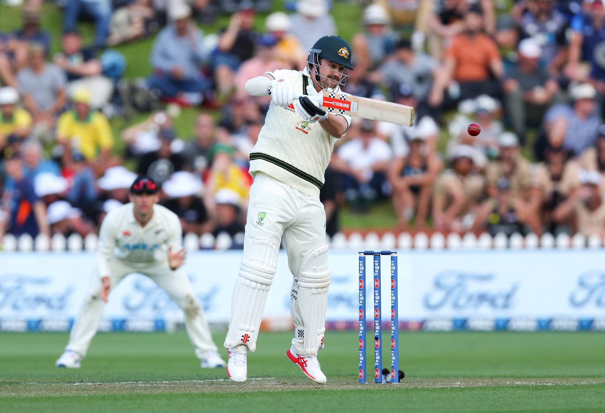 WELLINGTON, NEW ZEALAND - FEBRUARY 29: Travis Head of Australia bats during day one of the First Test in the series between New Zealand and Australia at Basin Reserve on February 29, 2024 in Wellington, New Zealand. (Photo by Hagen Hopkins/Getty Images)