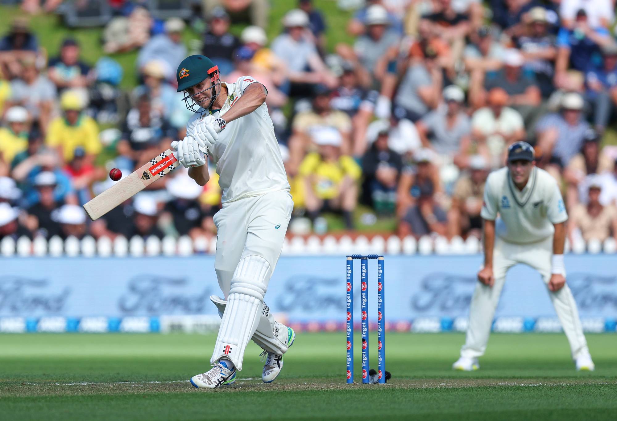 WELLINGTON, NEW ZEALAND - FEBRUARY 29: Cameron Green of Australia bats during day one of the First Test in the series between New Zealand and Australia at Basin Reserve on February 29, 2024 in Wellington, New Zealand. (Photo by Hagen Hopkins/Getty Images)