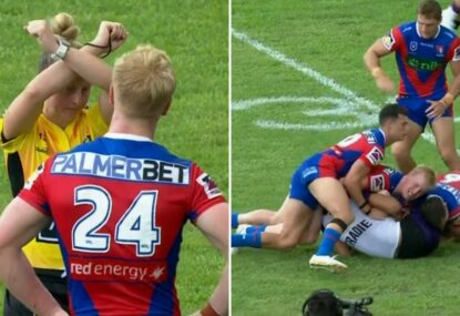 WATCH: Young Knight can't believe being placed on report for a crusher tackle on Storm centre