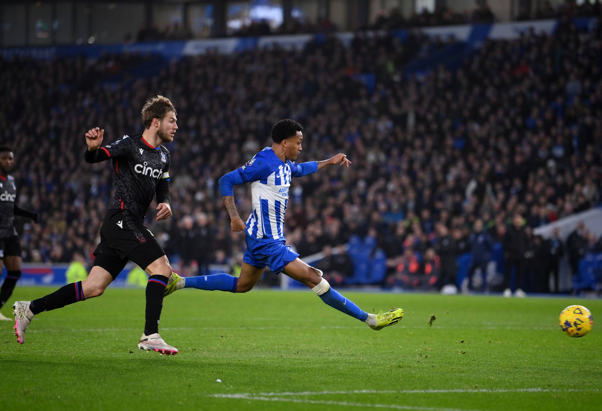 BRIGHTON, ENGLAND - FEBRUARY 03: Joao Pedro of Brighton & Hove Albion scores his team's fourth goal during the Premier League match between Brighton & Hove Albion and Crystal Palace at American Express Community Stadium on February 03, 2024 in Brighton, England.