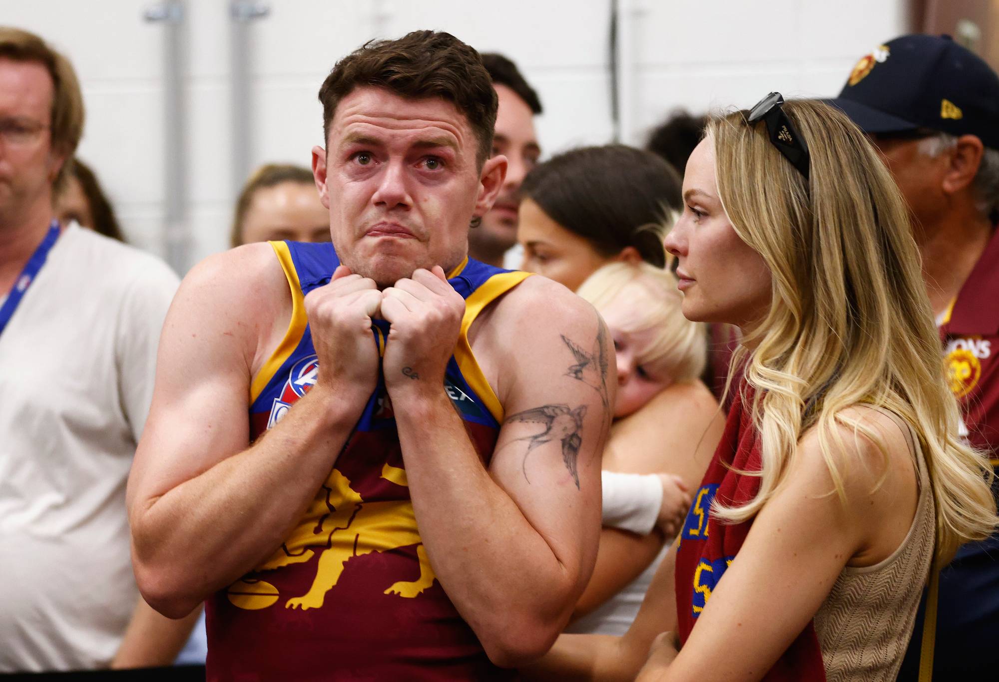 Lachie Neale of the Lions looks dejected after the 2023 AFL Grand Final match between Collingwood Magpies and Brisbane Lions at Melbourne Cricket Ground, on September 30, 2023, in Melbourne, Australia. (Photo by Daniel Pockett/AFL Photos/via Getty Images)