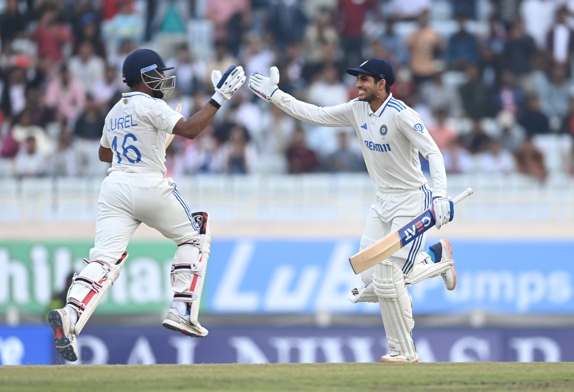 Shubman Gill and Dhruv Jurel celebrate the winning runs for India.