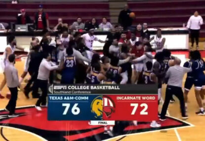 Huge brawl as college basketball opponents go from shaking hands to throwing punches