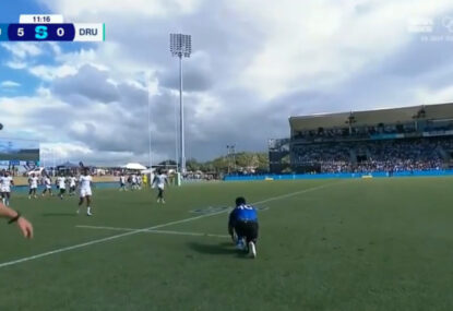 Amusing moment as Blues kicker has ball stolen after conversion attempt falls off the tee