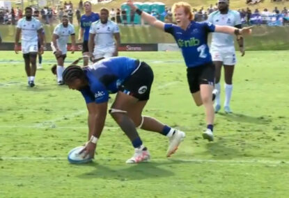 WATCH: Drua fullback's shocker at the back gifts the Blues a try right on halftime