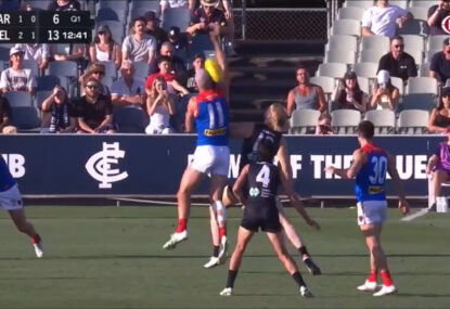 'Swing and a miss!' Laughs all round as Gawn fresh-airies hitout attempt, falcons himself