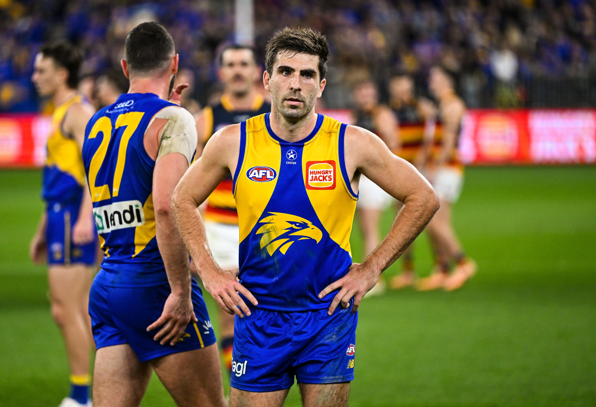 Andrew Gaff of the Eagles looks dejected after losing to Adelaide