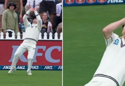 Pat Cummins can't believe his luck as New Zealand put down two dollies in the deep