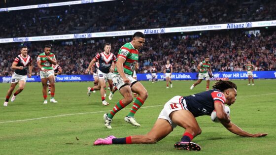 SYDNEY, AUSTRALIA - MARCH 22: Dominic Young of the Roosters scores a try during the round three NRL match between Sydney Roosters and South Sydney Rabbitohs at Allianz Stadium, on March 22, 2024, in Sydney, Australia.