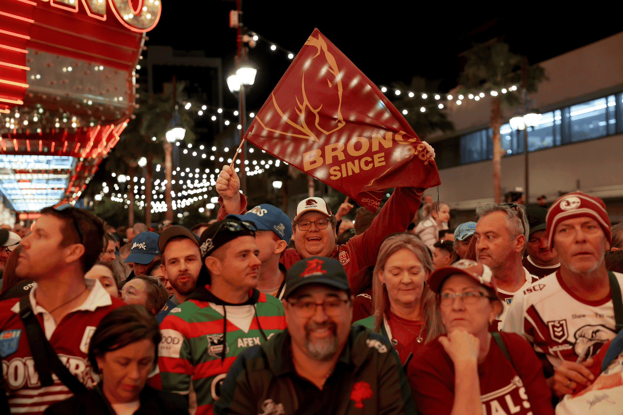 Fans gather for the NRL season launch at Fremont Street Experience on February 29, 2024, in Las Vegas, Nevada. (Photo by Ezra Shaw/Getty Images)