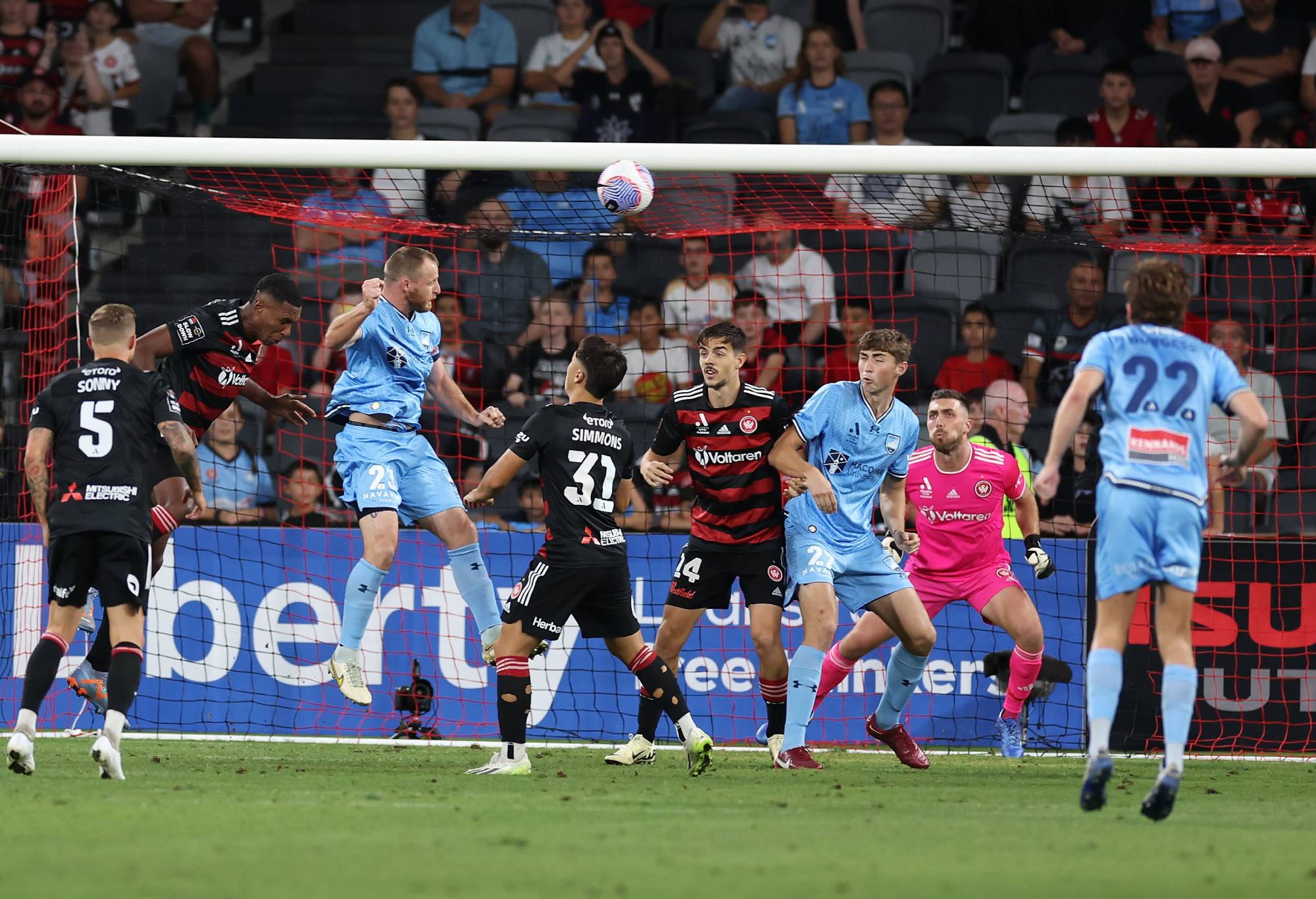 SYDNEY, AUSTRALIA - MARCH 02: Ryan Grant of Sydney FC scores a goal during the A-League Men round 19 match between Western Sydney Wanderers and Sydney FC at CommBank Stadium, on March 02, 2024, in Sydney, Australia. (Photo by Cameron Spencer/Getty Images)