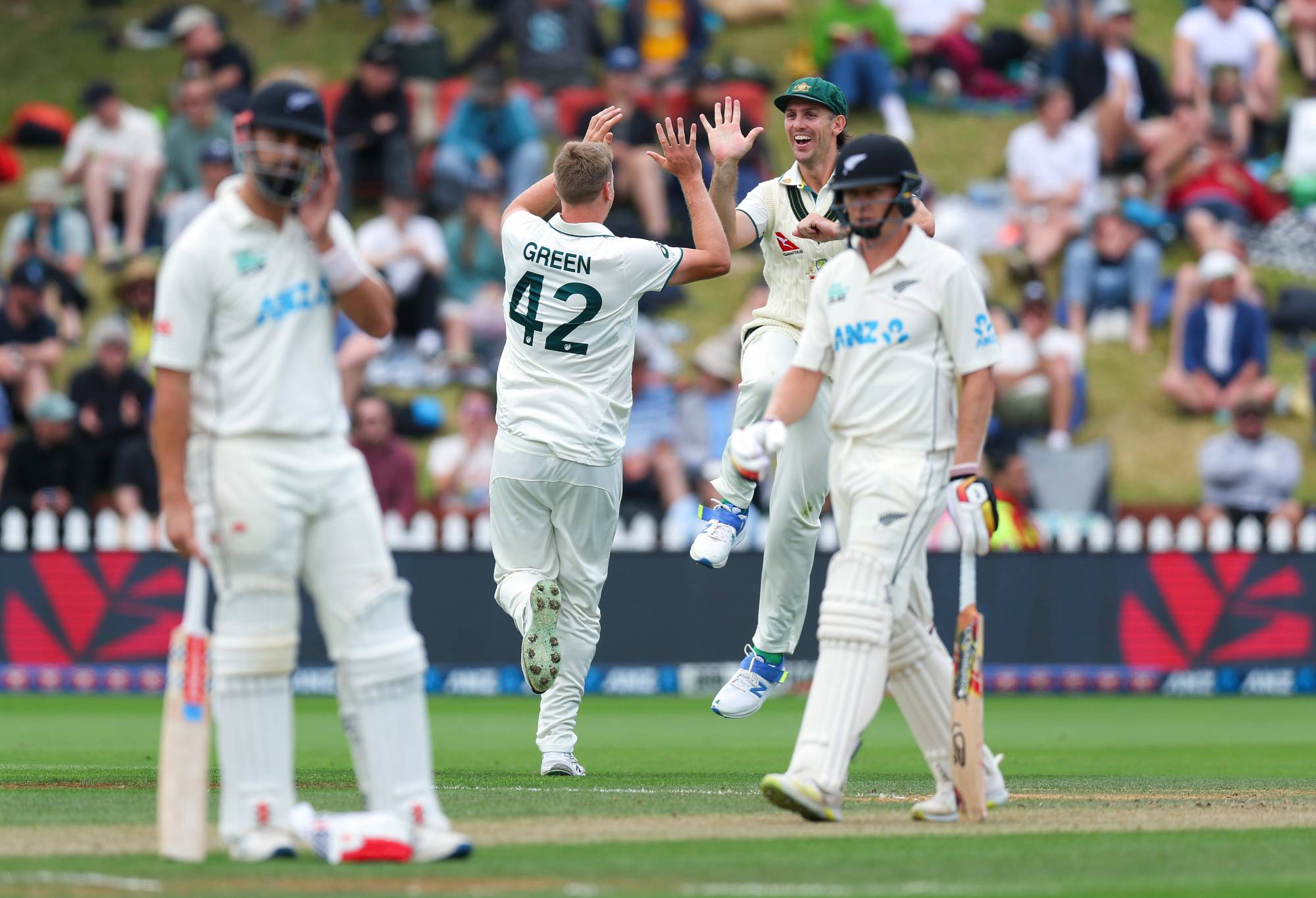 WELLINGTON, NEW ZEALAND - MARCH 03: Cameron Green of Australia celebrates with Mitchell Marsh after taking the wicket of Scott Kuggeleijn of New Zealand during day four of the First Test in the series between New Zealand and Australia at Basin Reserve on March 03, 2024 in Wellington, New Zealand. (Photo by Hagen Hopkins/Getty Images)