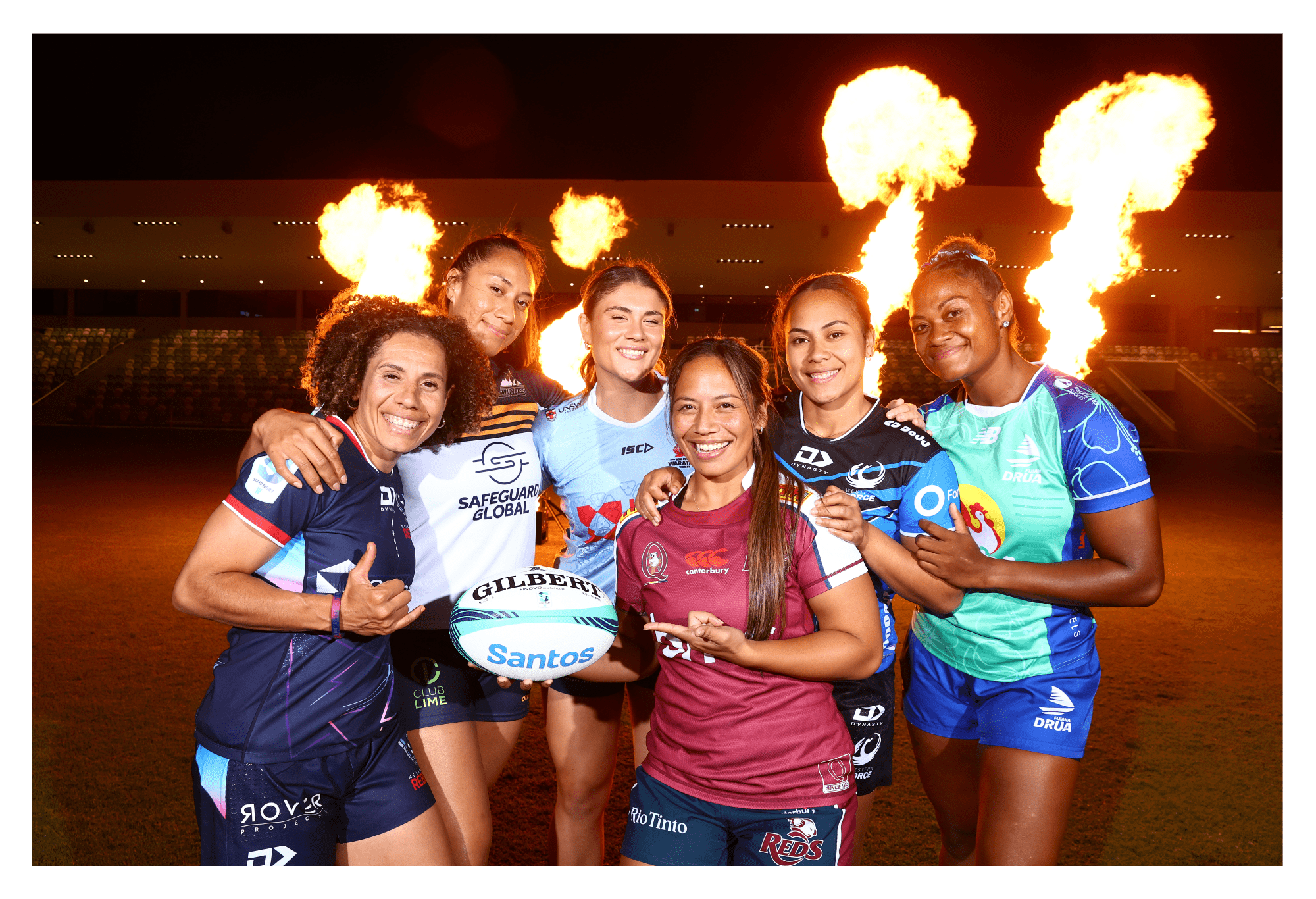 Melanie Kawa of the Rebels, Siokapesi Palu of the Brumbies, Piper Duck of the Waratahs, Asinate Serevi of Fiji Drua, Trilleen Pomary of the Force and Cecilia Smith of the Reds pose during the 2024 Super Rugby Women's Season Launch at Ballymore Stadium on March 06, 2024 in Brisbane, Australia. (Photo by Chris Hyde/Getty Images for Rugby Australia)