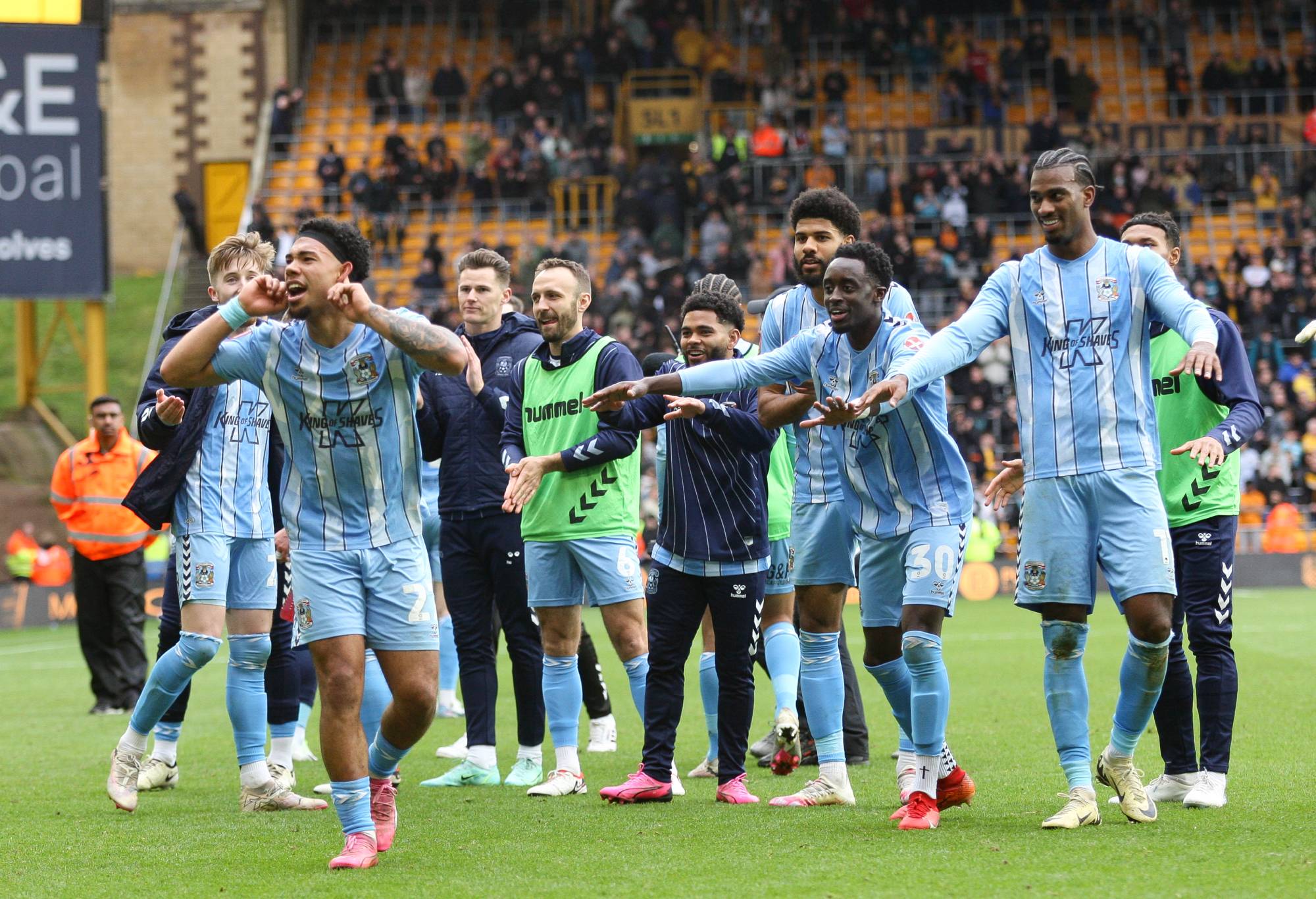 Coventry City players are celebrating after the game during the FA Cup Quarter Final match between Wolverhampton Wanderers and Coventry City at Molineux in Wolverhampton, on March 16, 2024. (Photo by MI News/NurPhoto via Getty Images)