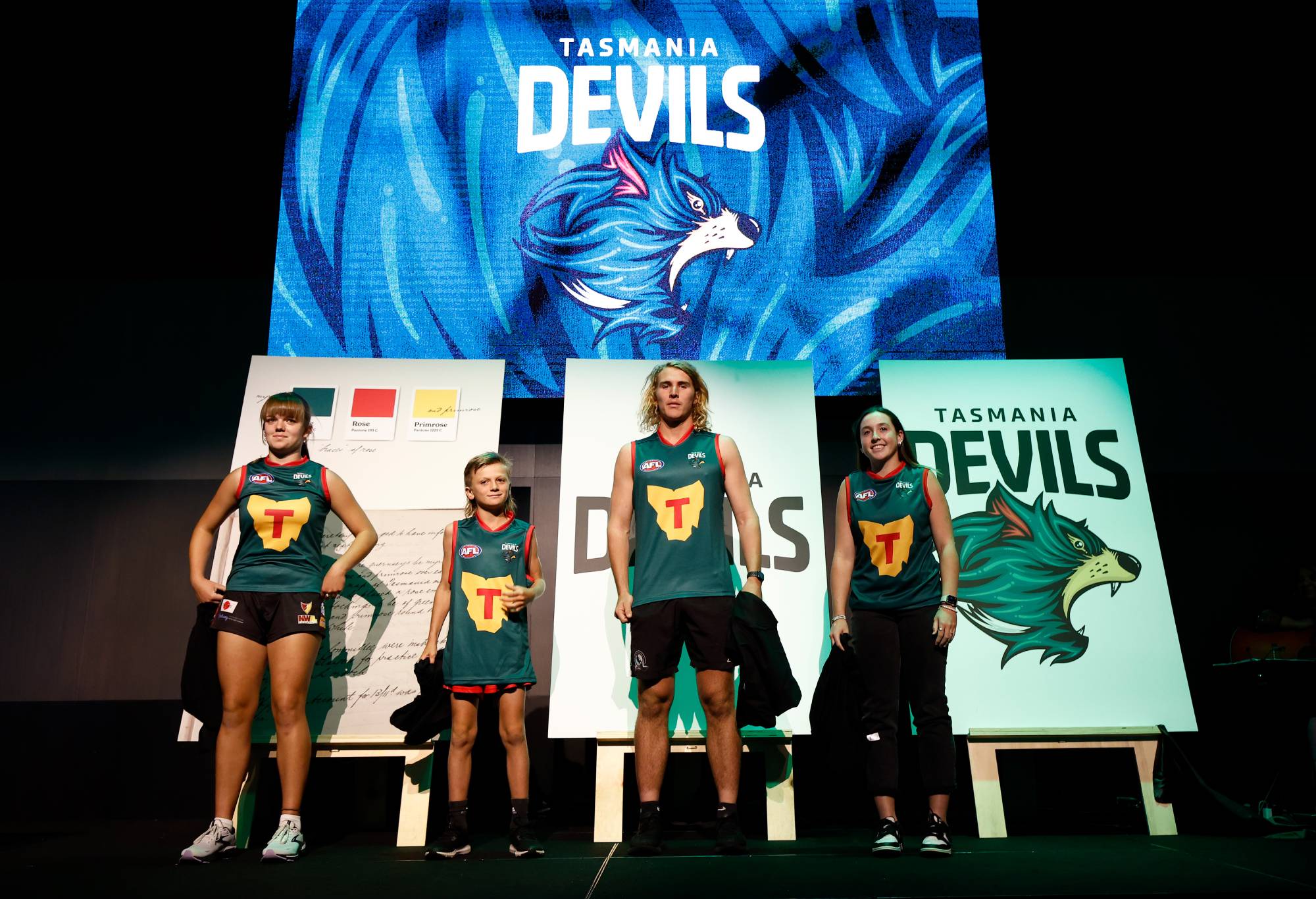 DEVONPORT, AUSTRALIA - MARCH 18: The Tasmania Devils Foundation jumper is revealed during the Tasmania Football Club Launch at Paranaple Convention Centre on March 18, 2024 in Devonport, Australia. (Photo by Michael Willson/AFL Photos via Getty Images)