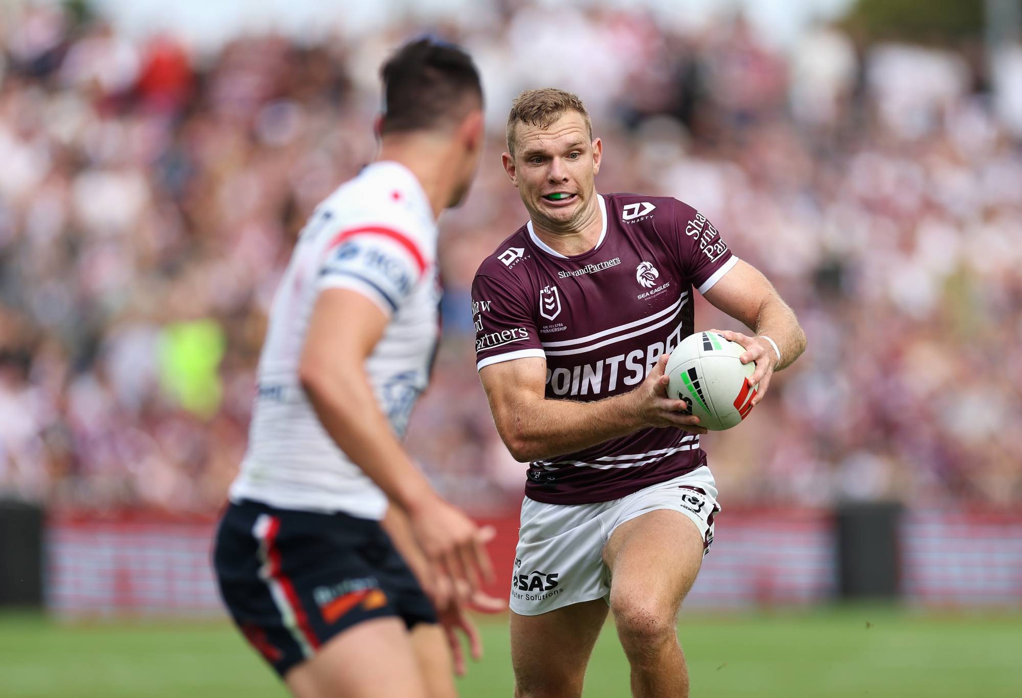 SYDNEY, AUSTRALIA - MARCH 17: Tom Trbojevic of the Sea Eagles runs the ball during the round two NRL match between Manly Sea Eagles and Sydney Roosters at 4 Pines Park, on March 17, 2024, in Sydney, Australia. (Photo by Cameron Spencer/Getty Images)