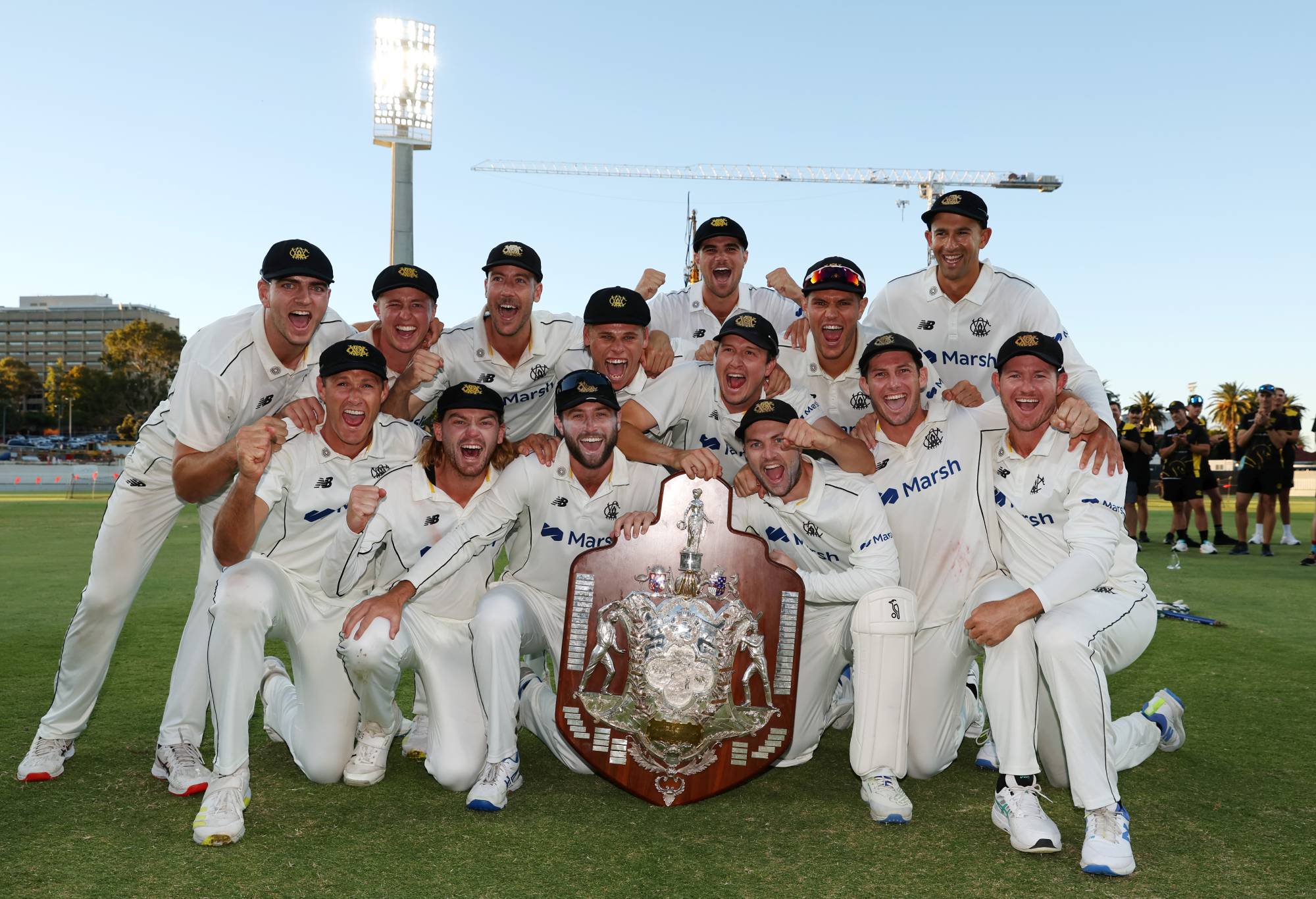 PERTH, AUSTRALIA - MARCH 24: Western Australia pose after winning the Sheffield Shield Final match between Western Australia and Tasmania at WACA, on March 24, 2024, in Perth, Australia. (Photo by Will Russell/Getty Images)