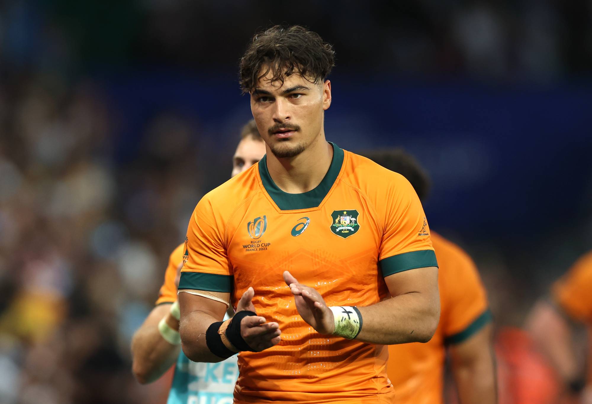 Jordan Petaia of Australia looks dejected at full-time following the Rugby World Cup France 2023 match between Australia and Fiji at Stade Geoffroy-Guichard on September 17, 2023 in Saint-Etienne, France. (Photo by Phil Walter/Getty Images)