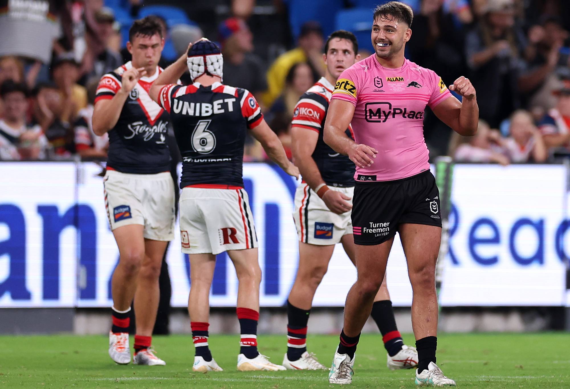 SYDNEY, AUSTRALIA - MARCH 28: Mavrik Geyer of the Panthers celebrates winning the round four NRL match between Sydney Roosters and Penrith Panthers at Allianz Stadium on March 28, 2024, in Sydney, Australia.