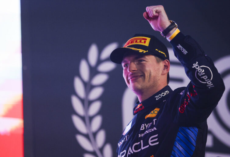 Max Verstappen celebrates after winning Bahrain Grand Prix