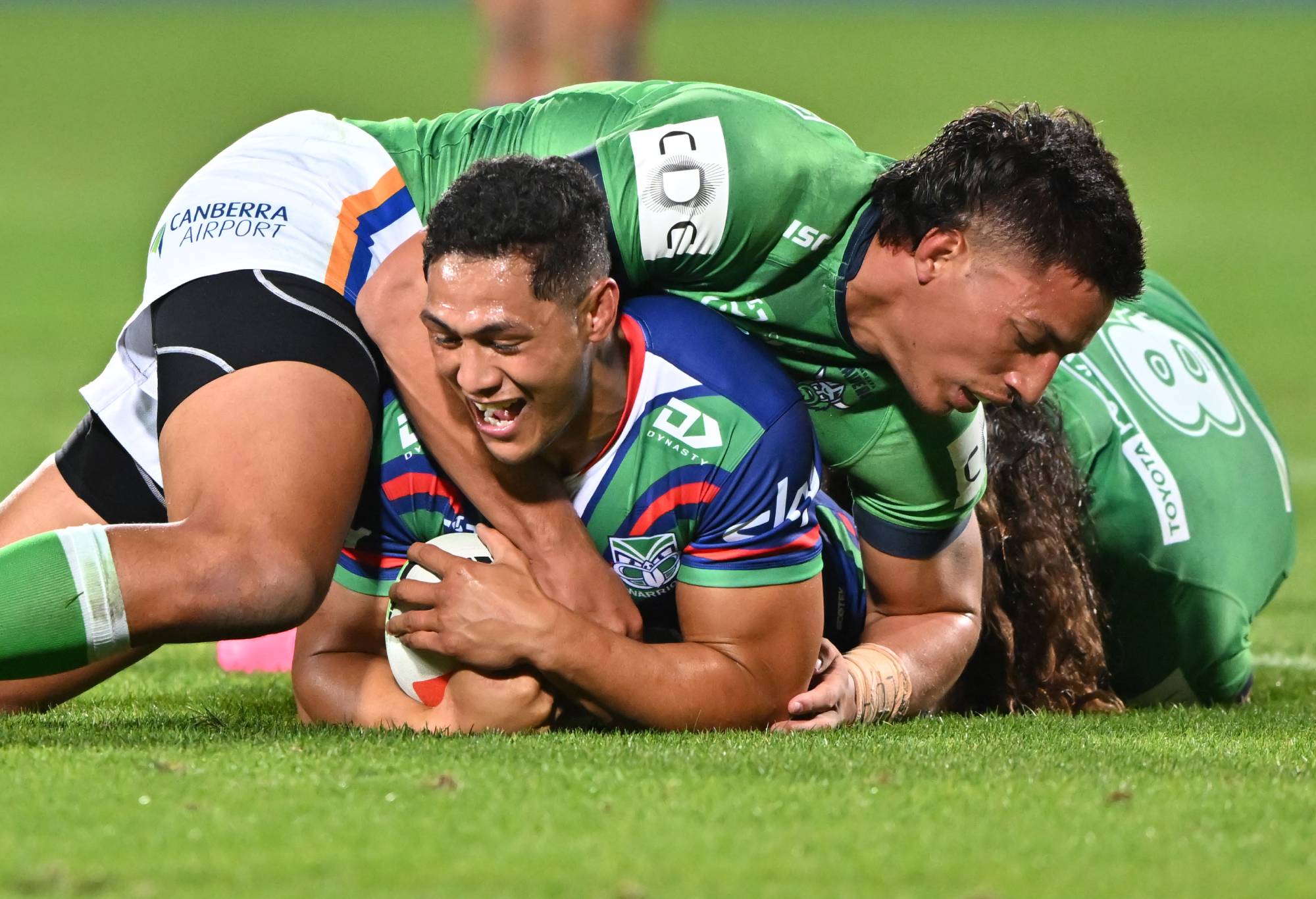 CHRISTCHURCH, NEW ZEALAND - MARCH 22: Roger Tuivasa-Sheck of the Warriors is brought down during the round three NRL match between New Zealand Warriors and Canberra Raiders at Apollo Projects Stadium, on March 22, 2024, in Christchurch, New Zealand.