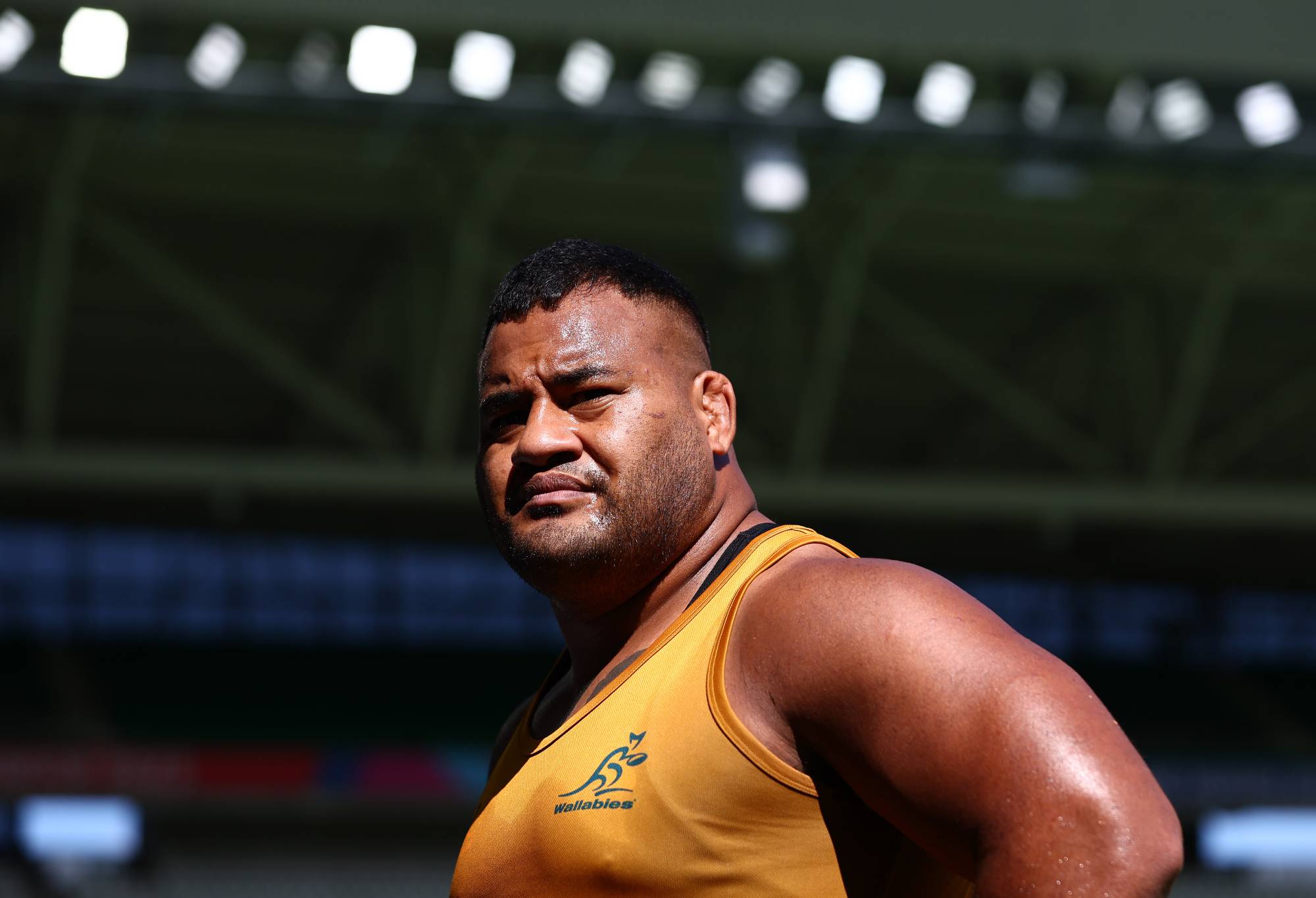 Taniela Tupou of the Wallabies looks on ahead of their Rugby World Cup France 2023 match against Fiji at Stade Geoffroy-Guichard on September 16, 2023 in Saint-Etienne, France. (Photo by Chris Hyde/Getty Images)
