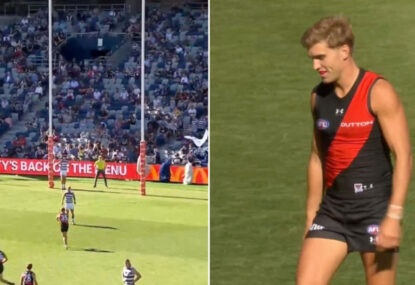 WATCH: 'Crikey!' Bomber opts for the 'banana' 15m out, leaves Brad Johnson aghast