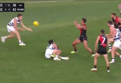WATCH: Comical moment as elated Cat goals straight off Essendon falcon