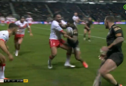 WATCH: Konrad Hurrell forces error with massive one-one-one hit