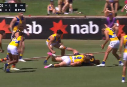 Huddo can't downplay Harley Reid tackle fast enough after Crow's head appears to hit the turf