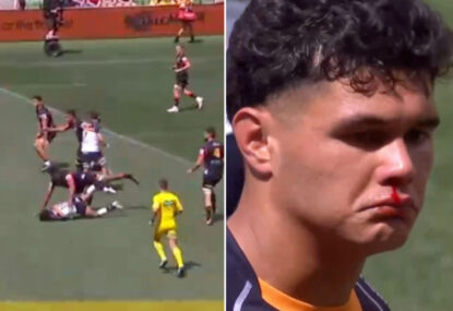 Lolesio left bloodied after getting absolutely BELTED late by Chiefs flanker