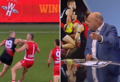 'Fake tough': Robbo's bizarre reaction as vision of Bomber's 'flying elbow' emerges