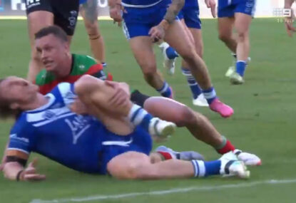 WATCH: Epic try-saver, or 'hip drop'? Jack Wighton tackle leaves Dogs fans incensed