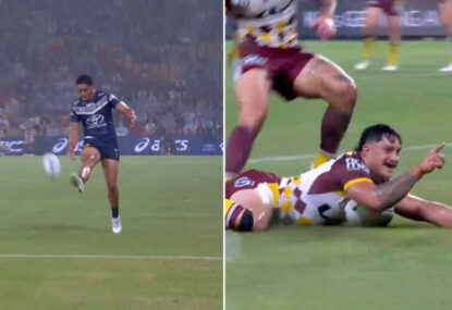 'Champagne rugby league': Broncos and Cowboys trade gorgeous tries - in torrential rain!