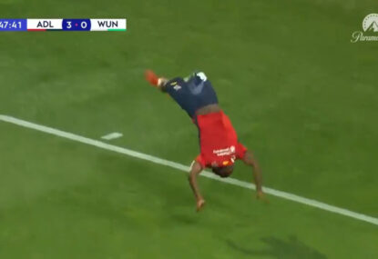 Irankunda's wild celebration after becoming the A-League's youngest ever hat-trick scorer