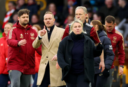 Hypocritical response? Chelsea coach Emma Hayes cites male aggression, then shirt-fronts Arsenal manager Jonas Eidevall