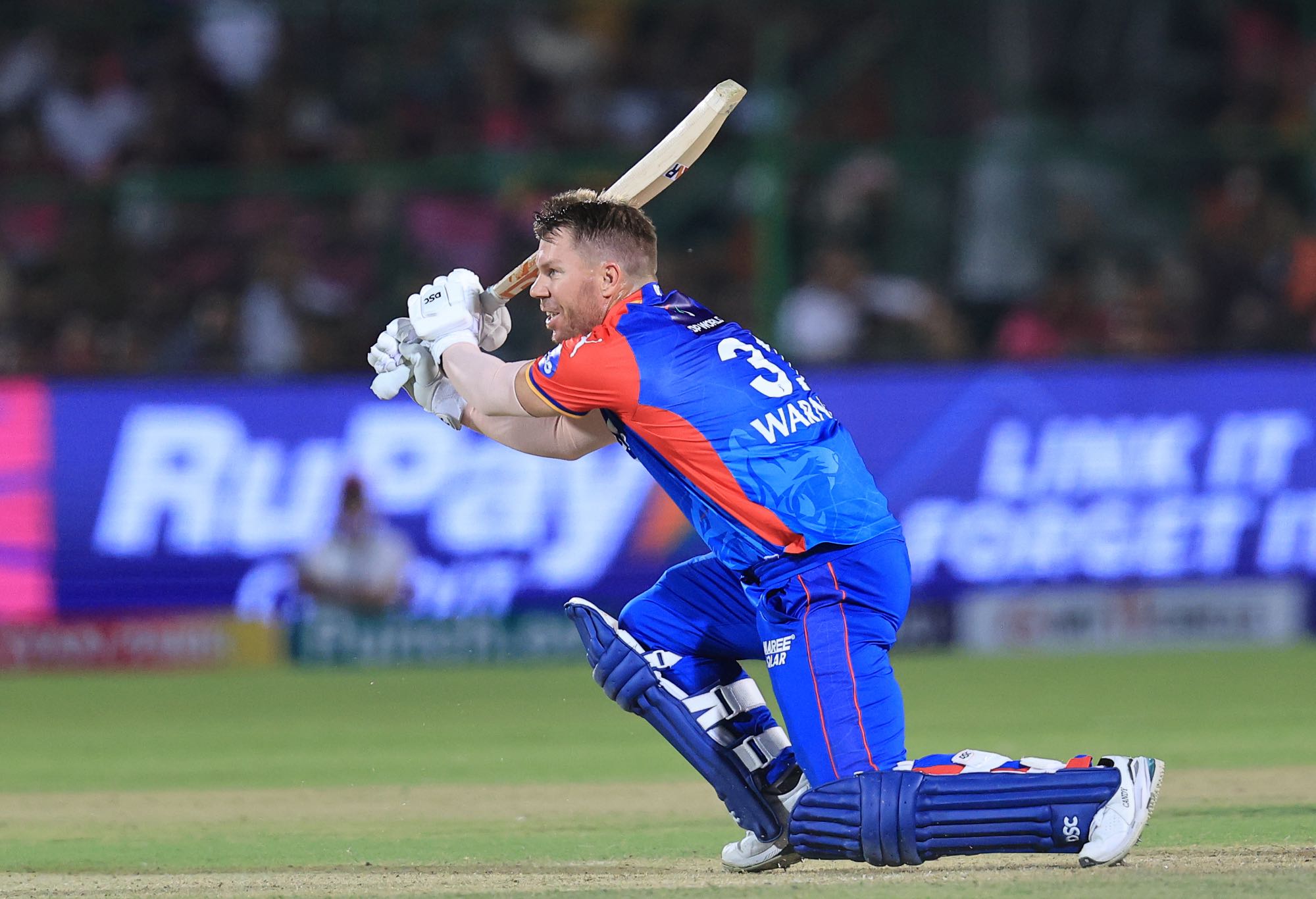 David Warner of the Delhi Capitals is playing a shot during the Indian Premier League (IPL) 2024 T20 cricket match between the Rajasthan Royals and Delhi Capitals at Sawai Mansingh Stadium in Jaipur, Rajasthan, India, on March 28, 2024. (Photo by Vishal Bhatnagar/NurPhoto via Getty Images)