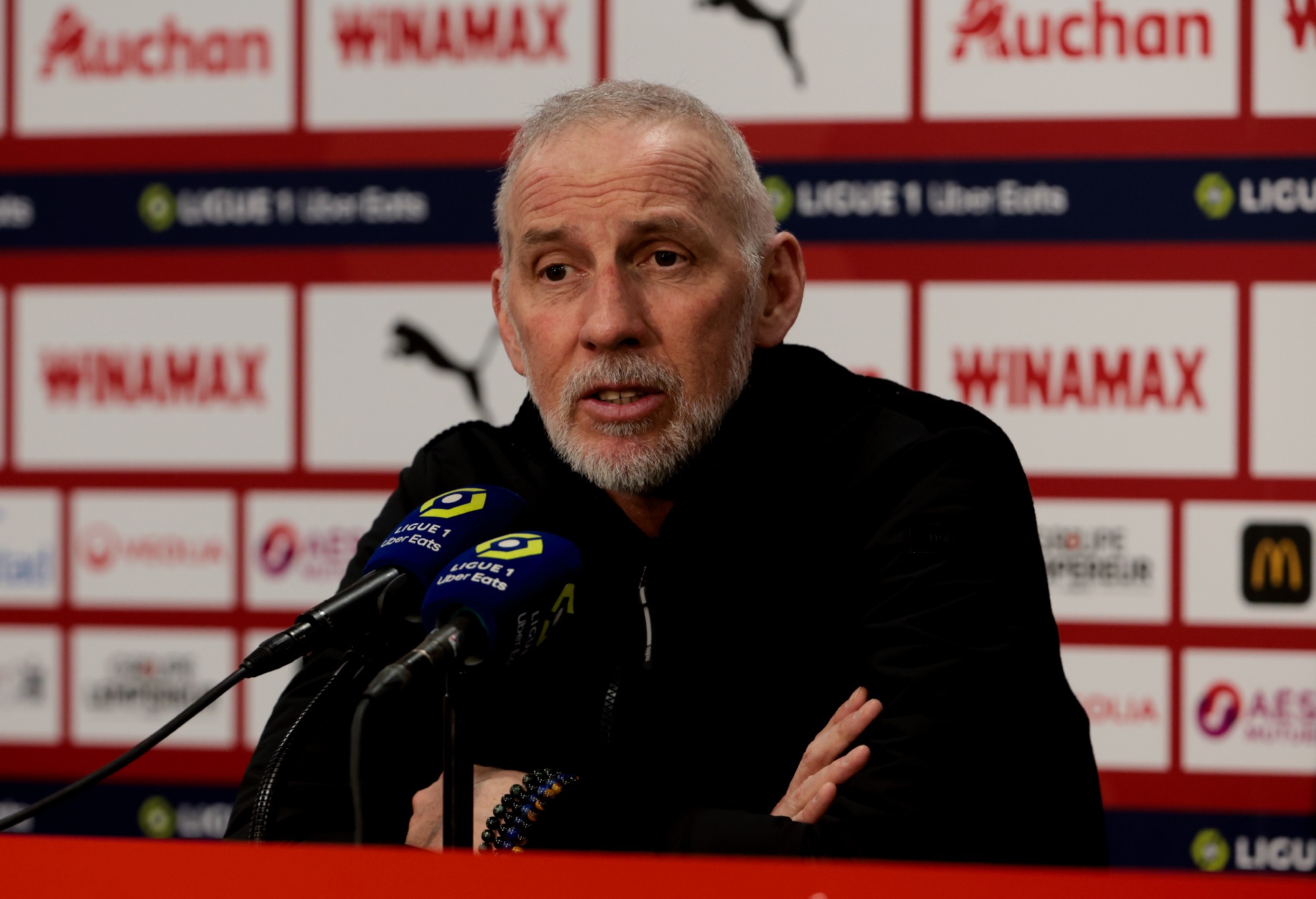 Coach of Stade Brestois 29 Eric Roy speaks to the media during the post-match press conference following the Ligue 1 Uber Eats match between RC Lens and Stade Brestois 29 at Stade Bollaert-Delelis on March 9, 2024 in Lens, France. (Photo by Jean Catuffe/Getty Images)