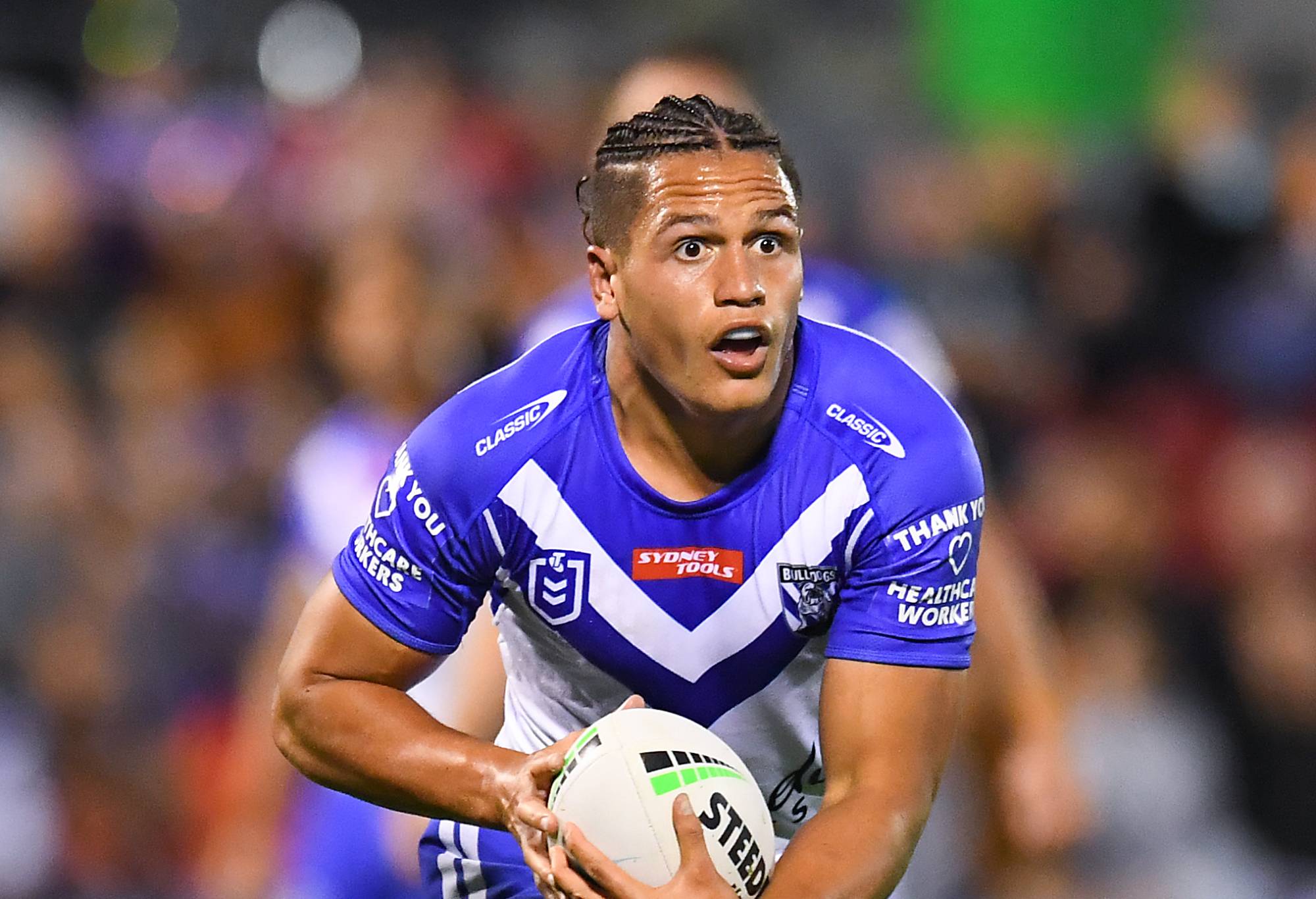 BRISBANE, AUSTRALIA - SEPTEMBER 05: Jackson Topine of the Bulldogs in action during the round 25 NRL match between the Wests Tigers and the Canterbury Bulldogs at Moreton Daily Stadium, on September 05, 2021, in Brisbane, Australia. (Photo by Albert Perez/Getty Images)