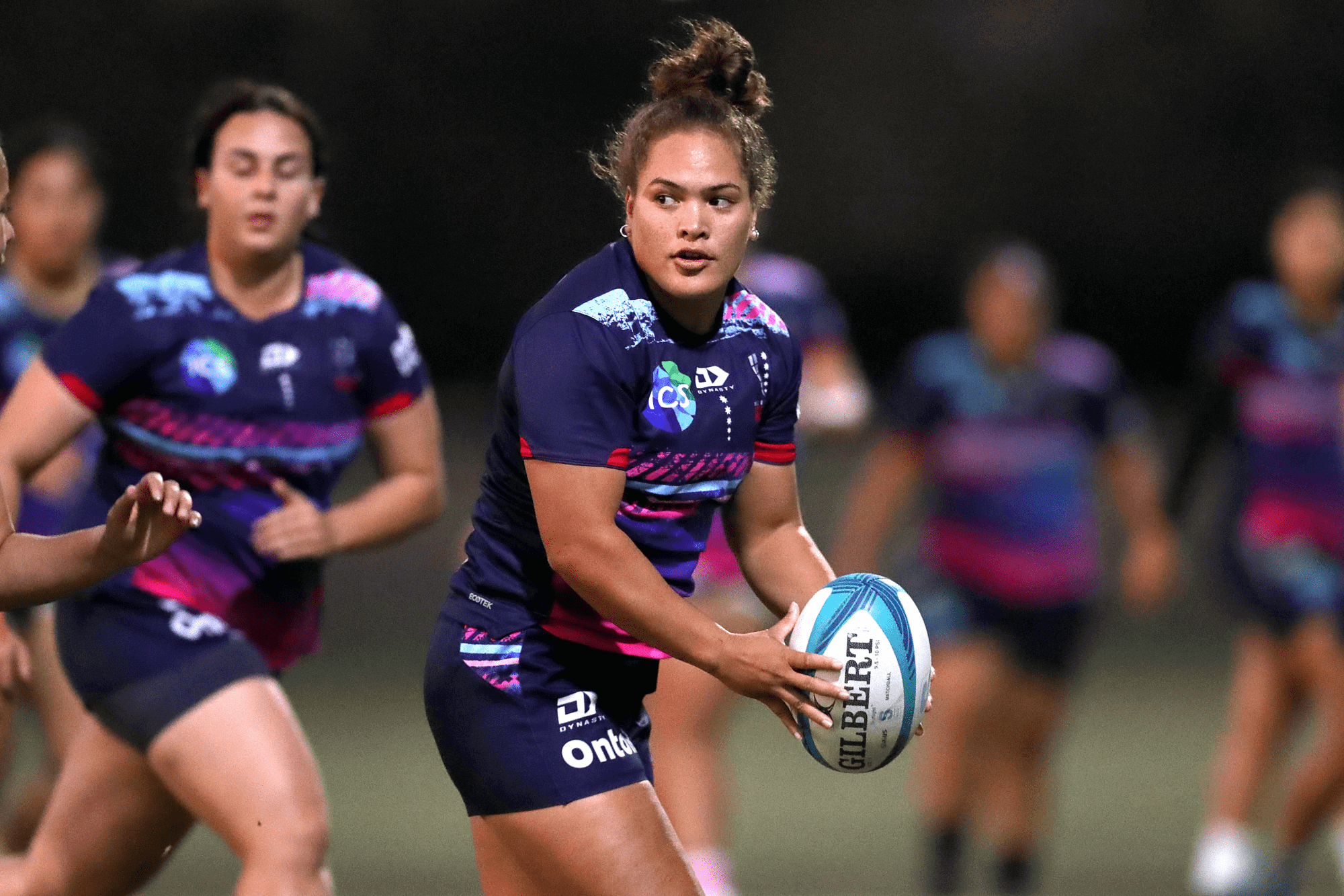 Ashley Marsters (c) of the Rebels runs with the ball during a Melbourne Rebels Women Super W training session at Box Hill Rugby Club, on March 23, 2023, in Melbourne, Australia. (Photo by Kelly Defina/Getty Images)