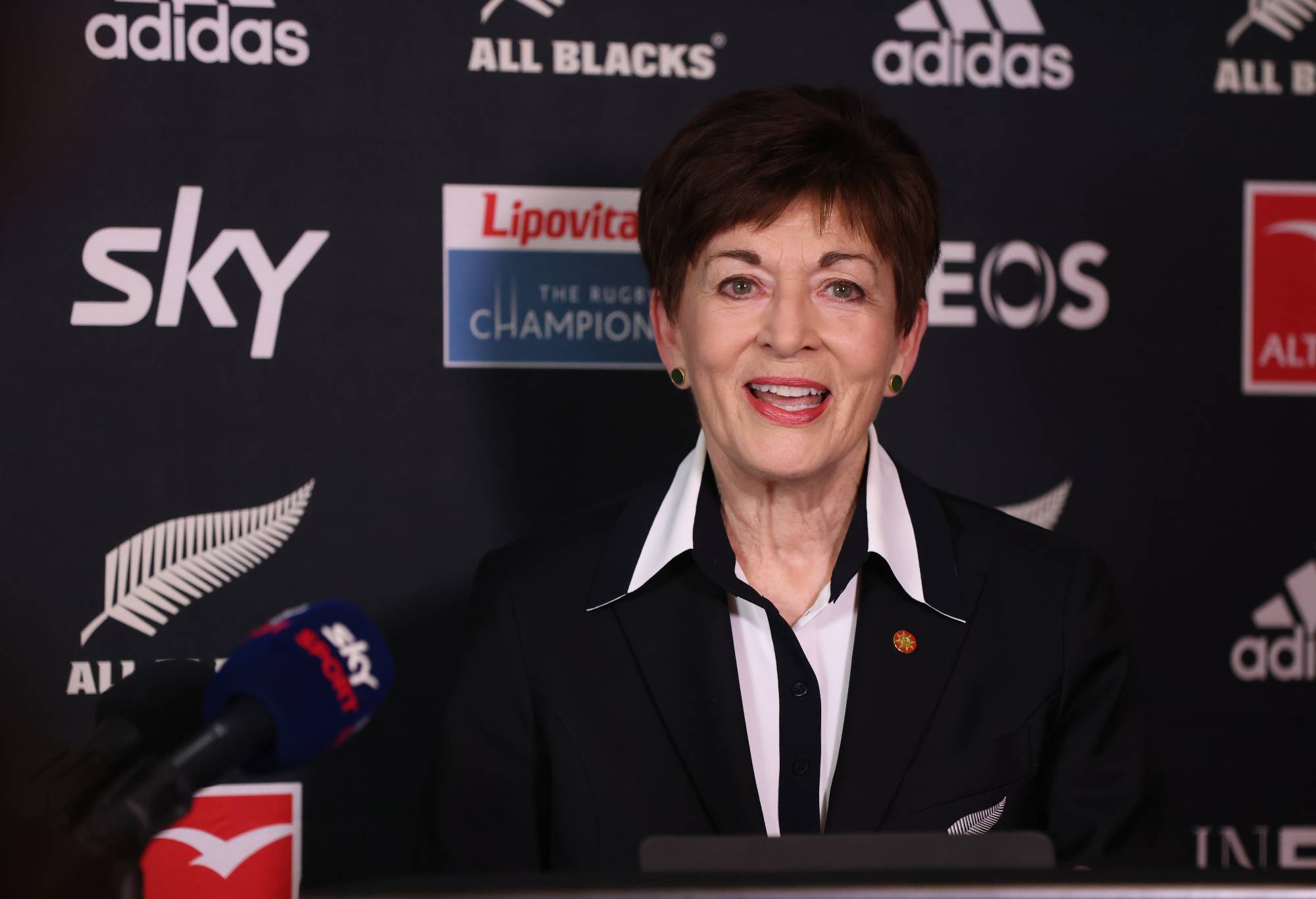 New Zealand Rugby Chair Dame Patsy Reddy speaks during the New Zealand All Blacks Rugby Championship & All Blacks XV Squad Announcement at Te Awamutu Rugby Sports & Recreation Club on June 18, 2023 in Te Awamutu, New Zealand. (Photo by Michael Bradley/Getty Images)